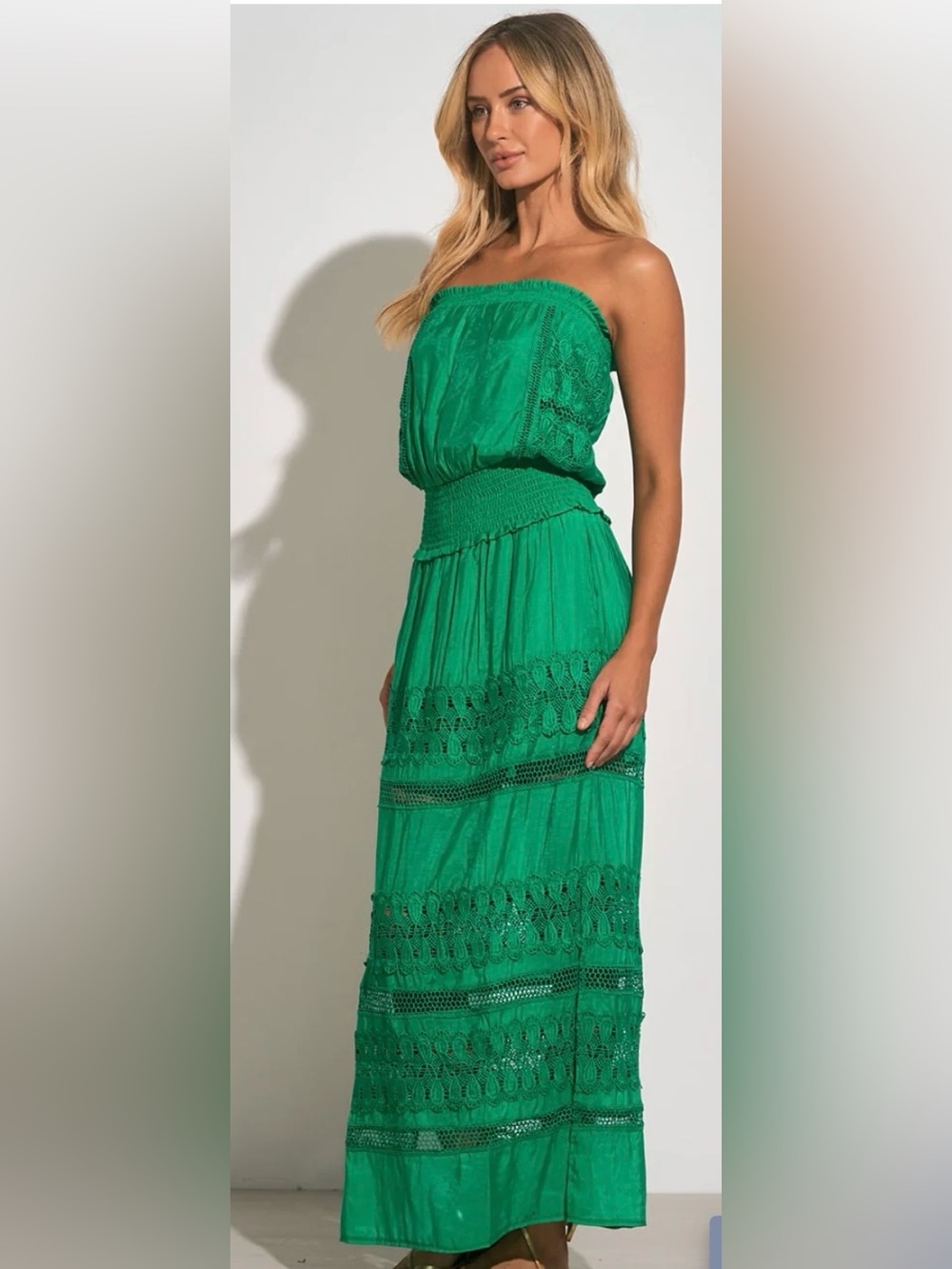Elan VCL5961 Strapless Crochet Maxi Dress Emerald Green Size Small